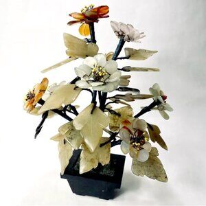 Vintage Chinese Hardstone Jade Quartz Stone Bonsai Tree Floral Sculpture Planter